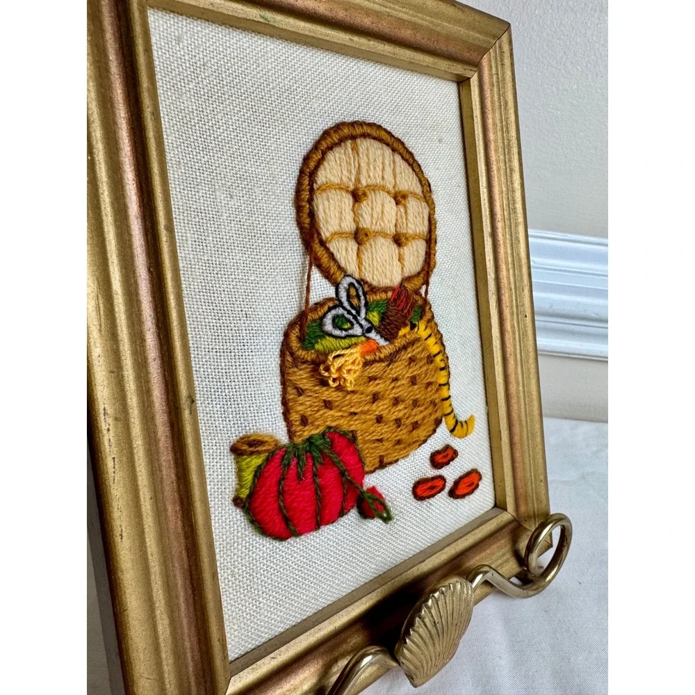 Vintage Framed Crewel Embroidery‎ Art Grandmacore Sewing Room Basket Handmade